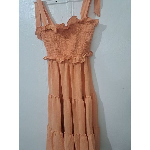 Vici Womens Small Midi Tiered Peach Papaya Ruched Tie Shoulder Dress - Picture 3 of 7